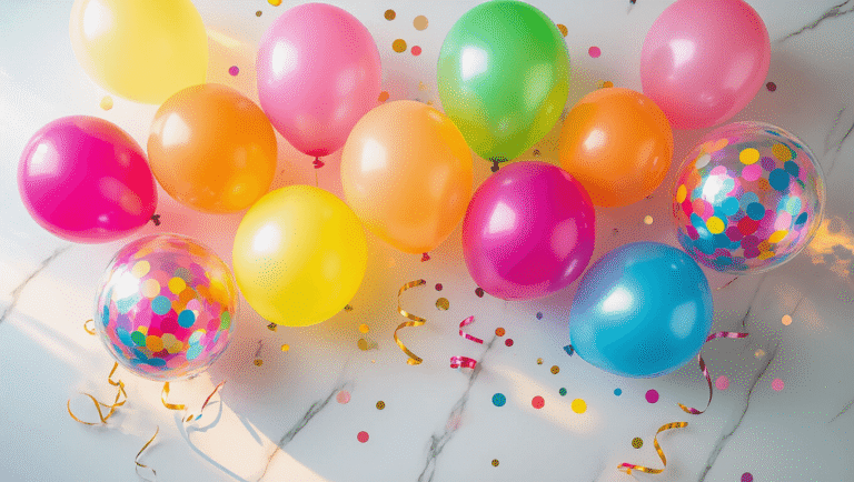 Cinematic overhead shot of a vibrant arrangement of colorful party balloons on a white marble surface, featuring latex and foil balloons in rainbow hues, multicolor confetti balloons with floating tissue dots, and scattered metallic ribbons, all illuminated by warm ambient lighting that enhances the festive atmosphere.