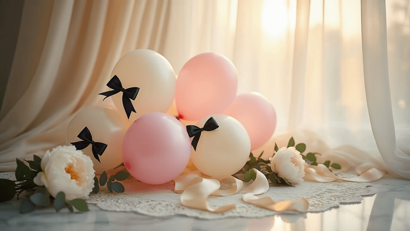 Cinematic close-up of coquette balloon arrangement featuring pink and white balloons with black satin bows, flowing ribbons, and floral accents, bathed in warm golden hour light with a soft, dreamy background.