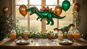 Cinematic overhead view of a vibrant dinosaur-themed party table adorned with foil T-Rex and Stegosaurus balloons in emerald green, chocolate brown, and metallic gold, alongside latex balloon clusters, on a rustic wooden table with a kraft paper runner, ceramic dinosaur figurines, and eucalyptus garland, all illuminated by warm golden hour lighting.