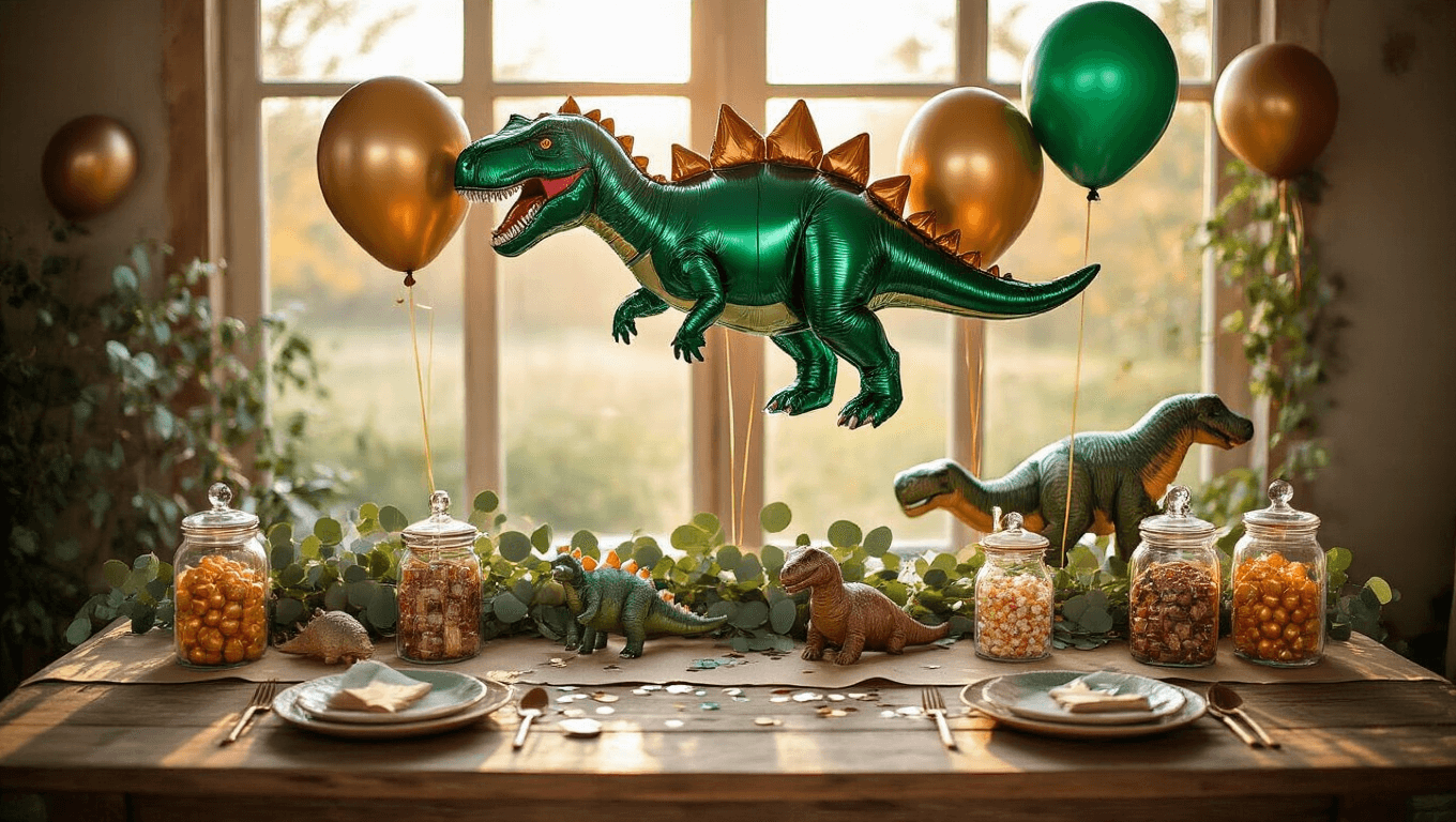 Cinematic overhead view of a vibrant dinosaur-themed party table adorned with foil T-Rex and Stegosaurus balloons in emerald green, chocolate brown, and metallic gold, alongside latex balloon clusters, on a rustic wooden table with a kraft paper runner, ceramic dinosaur figurines, and eucalyptus garland, all illuminated by warm golden hour lighting.