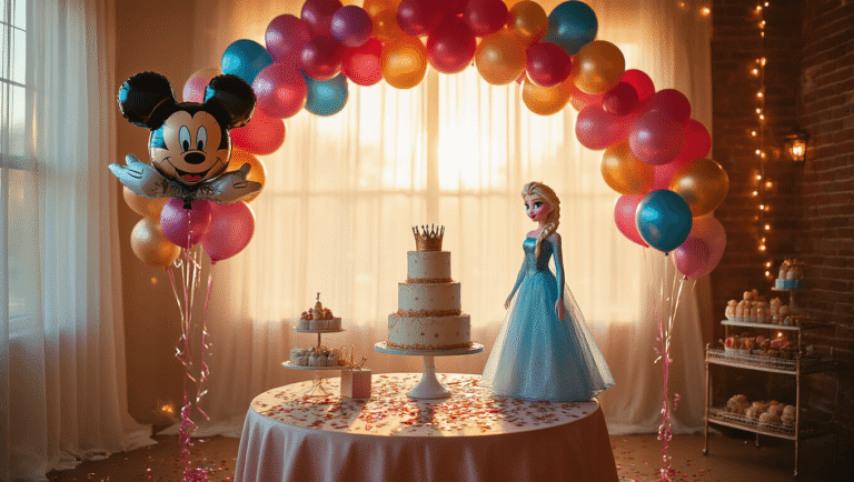Enchanting Disney balloon display in warmly lit party room, featuring Mickey Mouse and Princess balloons, vibrant jewel-toned latex balloons, a three-tiered birthday cake, and twinkling fairy lights, creating a magical celebration atmosphere.