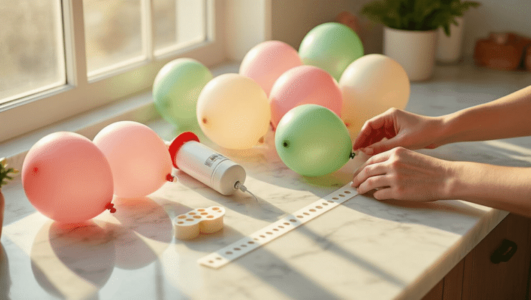 Cinematic close-up of DIY balloon supplies on a marble countertop, featuring an electric pump, colorful latex balloons, a clear decorating strip, glue dots, and Command hooks, all illuminated by warm golden hour lighting, with hands preparing a partially completed balloon garland.