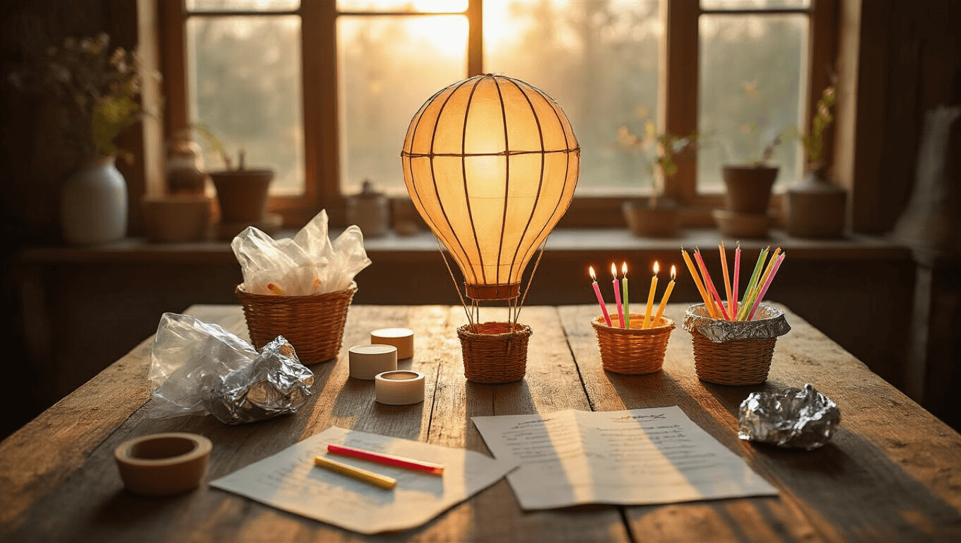 Overhead view of a DIY hot air balloon crafting workspace with colorful materials on a weathered oak table, warm sunlight streaming through a window, and a cozy, inviting atmosphere.