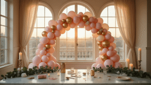 A wide-angle view of an elegant indoor celebration featuring a 9-foot dusty pink and gold balloon arch, soft light through tall windows, scattered balloon supplies on a marble surface, and rich textures with floral accents and candlelight.