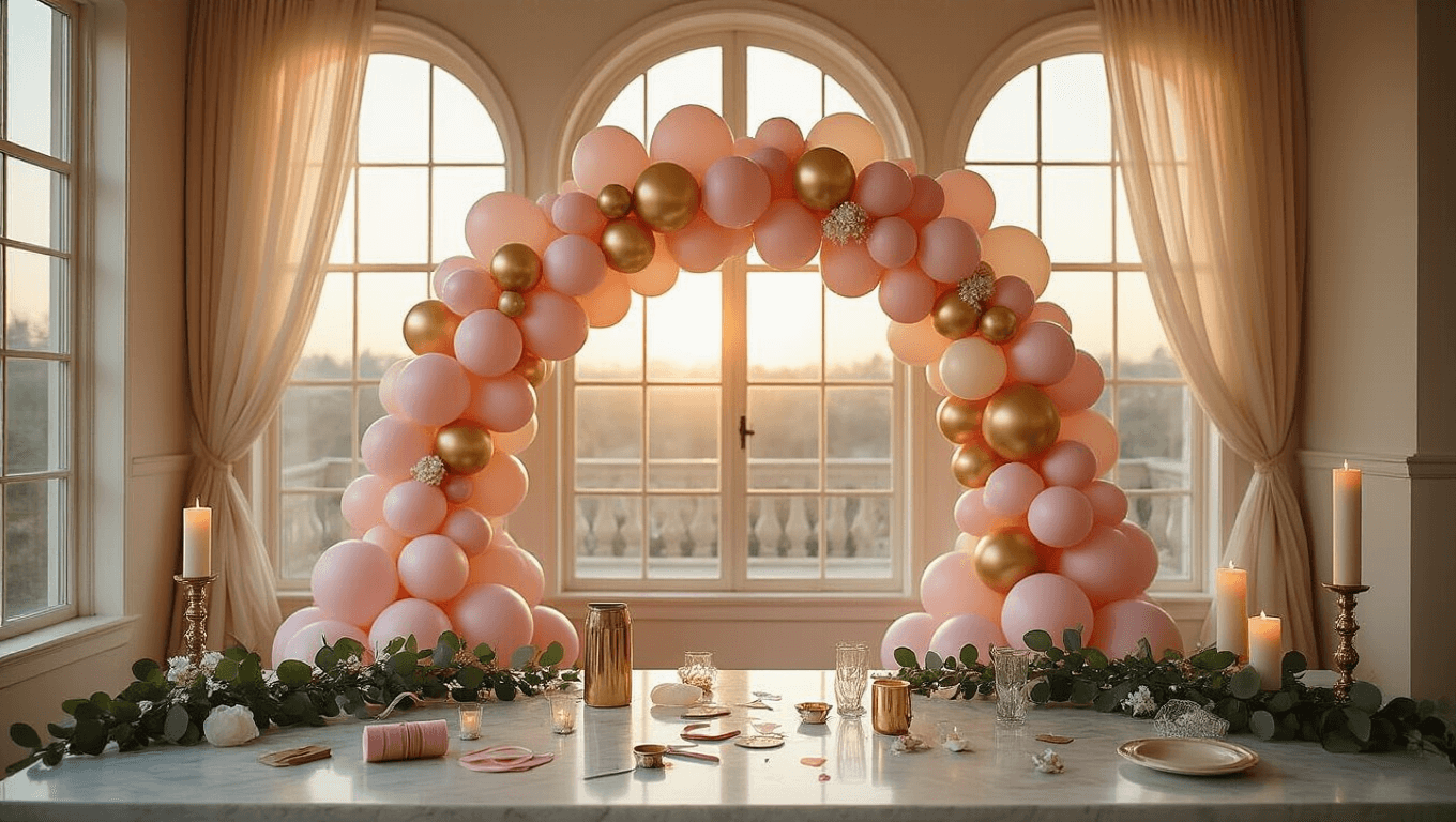 A wide-angle view of an elegant indoor celebration featuring a 9-foot dusty pink and gold balloon arch, soft light through tall windows, scattered balloon supplies on a marble surface, and rich textures with floral accents and candlelight.