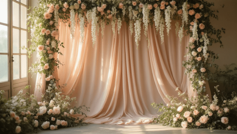 Cinematic shot of elegant dusty rose chiffon draped over an ornate arch, decorated with white wisteria and eucalyptus, illuminated by warm golden hour sunlight, highlighting floral textures and creating a romantic ambiance with twinkling fairy lights.