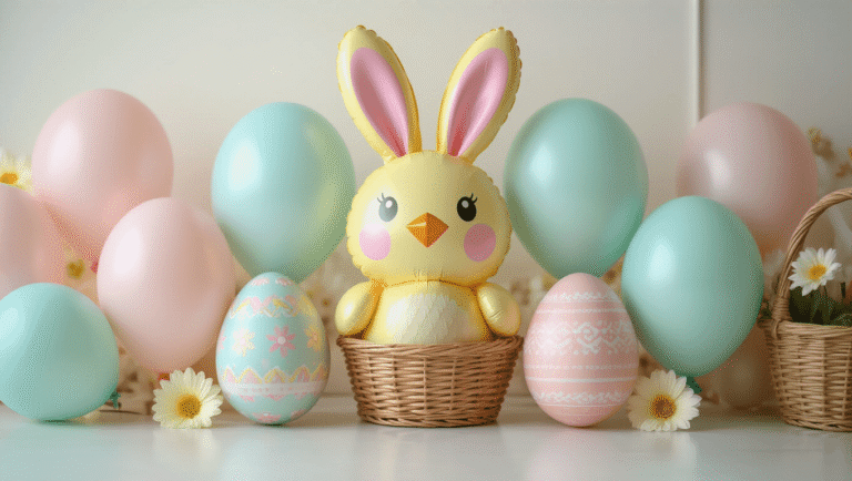 A close-up of an elegant Easter balloon arrangement featuring pastel bunny and chick designs, with foil and latex balloons in spring colors arranged as a garland against a clean white background, illuminated by warm golden hour lighting.