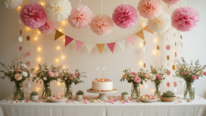 Elegant birthday party setup featuring cascading tissue pom-poms, colorful fabric bunting, fresh flowers in mason jars, and warm LED string lights, all in soft natural lighting.