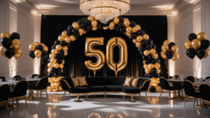 Cinematic wide shot of a luxurious ballroom decorated for a 50th birthday, featuring black and gold balloon arches, elegant round tables with gold-rimmed glassware, oversized "50" number balloons, and a sophisticated color palette, all illuminated by warm chandelier light.