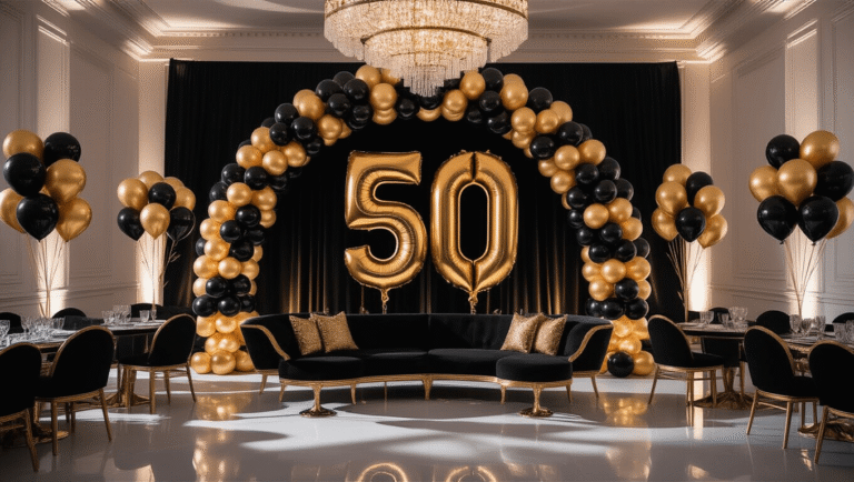 Cinematic wide shot of a luxurious ballroom decorated for a 50th birthday, featuring black and gold balloon arches, elegant round tables with gold-rimmed glassware, oversized "50" number balloons, and a sophisticated color palette, all illuminated by warm chandelier light.