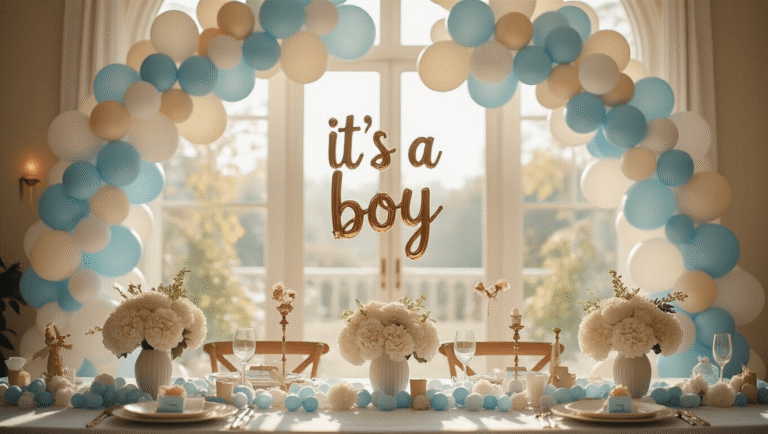 Elegant baby shower balloon display featuring pastel blue, white, and beige "It's a Boy" balloons and garland in a sunlit indoor setting, with soft natural lighting highlighting textures and hydrangea centerpieces, creating an inviting atmosphere.