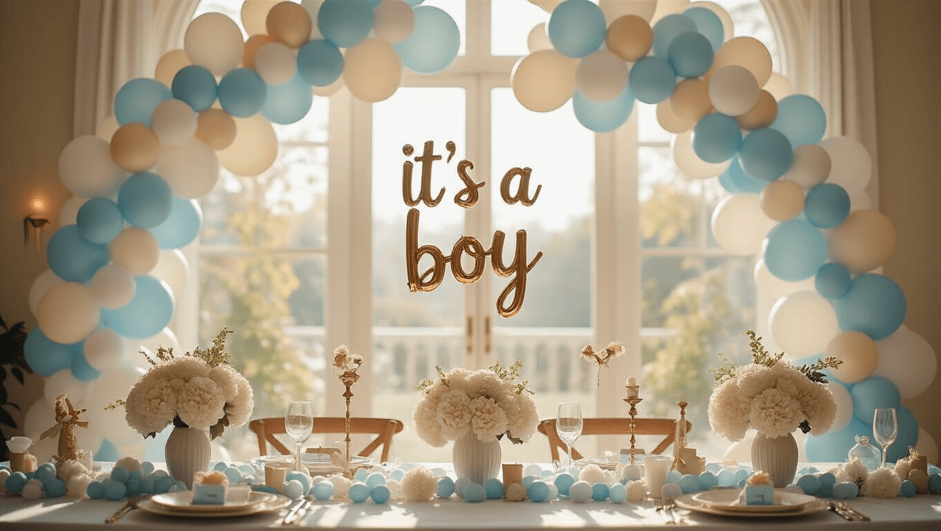 Elegant baby shower balloon display featuring pastel blue, white, and beige "It's a Boy" balloons and garland in a sunlit indoor setting, with soft natural lighting highlighting textures and hydrangea centerpieces, creating an inviting atmosphere.