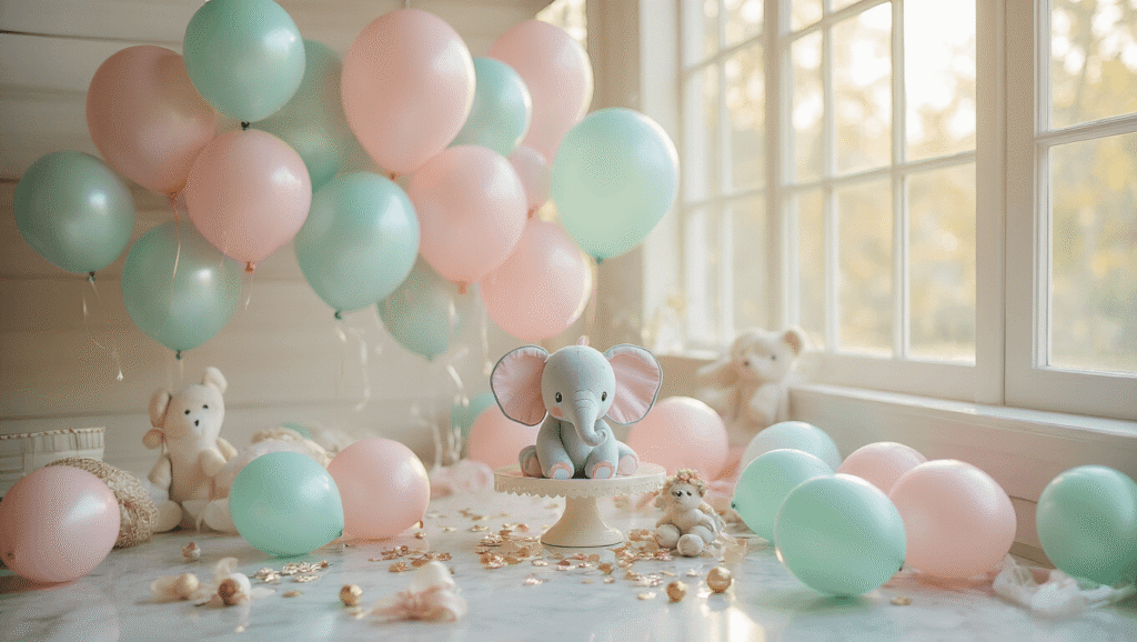 Cinematic view of a sophisticated baby shower balloon arrangement featuring pastel pink, blue, and mint green foil balloons with baby elephant designs, scattered latex balloons, and delicate ribbons, set on a marble surface with soft natural lighting and a white wooden background, exuding a warm golden hour glow and a luxurious celebration atmosphere.