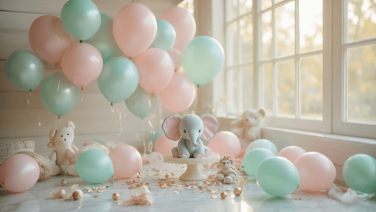 Cinematic view of a sophisticated baby shower balloon arrangement featuring pastel pink, blue, and mint green foil balloons with baby elephant designs, scattered latex balloons, and delicate ribbons, set on a marble surface with soft natural lighting and a white wooden background, exuding a warm golden hour glow and a luxurious celebration atmosphere.