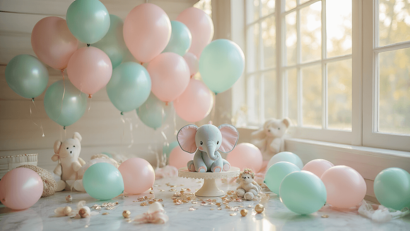 Cinematic view of a sophisticated baby shower balloon arrangement featuring pastel pink, blue, and mint green foil balloons with baby elephant designs, scattered latex balloons, and delicate ribbons, set on a marble surface with soft natural lighting and a white wooden background, exuding a warm golden hour glow and a luxurious celebration atmosphere.