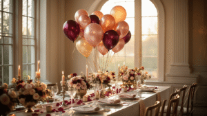 Cinematic shot of an elegant celebration with clusters of jewel-toned and metallic 17-inch balloons, warm golden hour light, marble surfaces, silk table runners, crystal glassware, and rose petals, evoking an intimate party atmosphere.