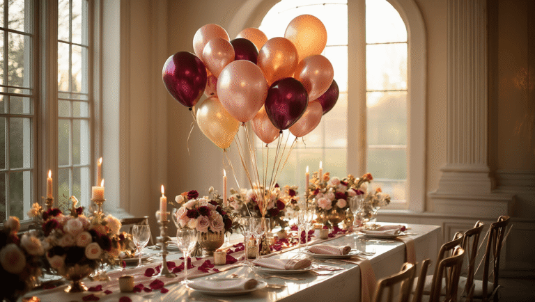 Cinematic shot of an elegant celebration with clusters of jewel-toned and metallic 17-inch balloons, warm golden hour light, marble surfaces, silk table runners, crystal glassware, and rose petals, evoking an intimate party atmosphere.