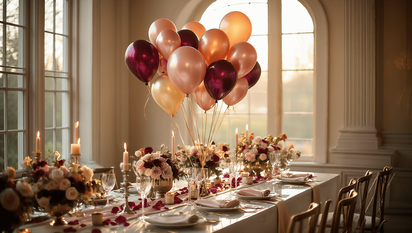 Cinematic shot of an elegant celebration with clusters of jewel-toned and metallic 17-inch balloons, warm golden hour light, marble surfaces, silk table runners, crystal glassware, and rose petals, evoking an intimate party atmosphere.