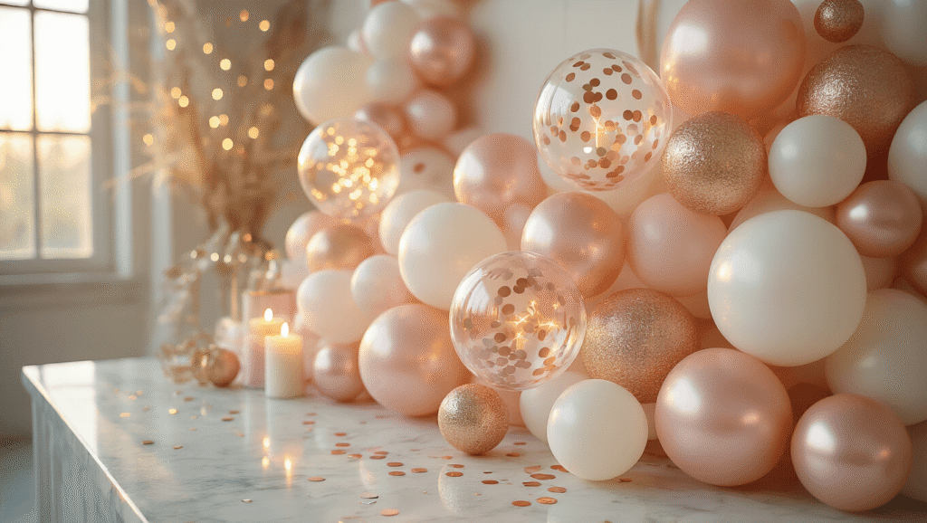 Cinematic close-up of a luxurious balloon garland in blush pink, ivory, and rose gold, featuring confetti-filled clear balloons, silk ribbons, and metallic foils, set on a marble surface with warm candlelight, showcasing varied balloon sizes and eucalyptus greenery accents in a soft bokeh background.