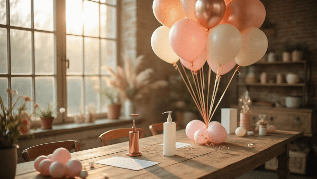 Cinematic wide-angle shot of an elegant balloon linking setup in rose gold, blush pink, and ivory on a rustic wooden table, with soft golden hour lighting and a warm atmosphere.