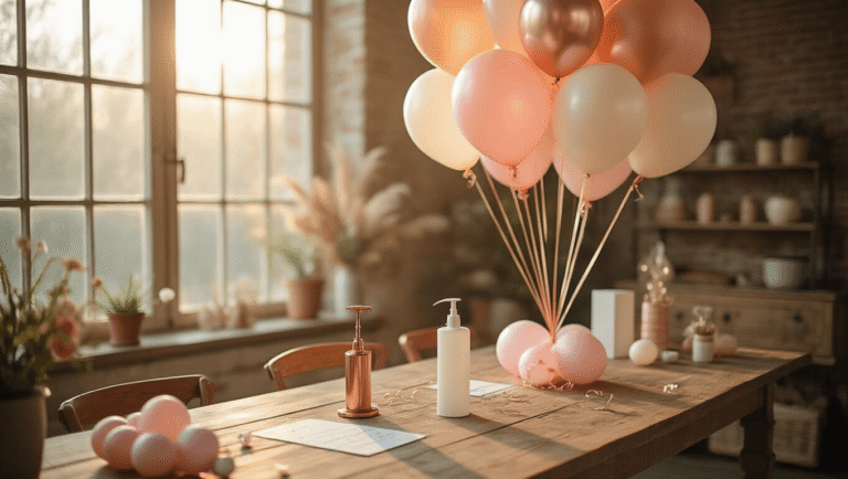 Cinematic wide-angle shot of an elegant balloon linking setup in rose gold, blush pink, and ivory on a rustic wooden table, with soft golden hour lighting and a warm atmosphere.