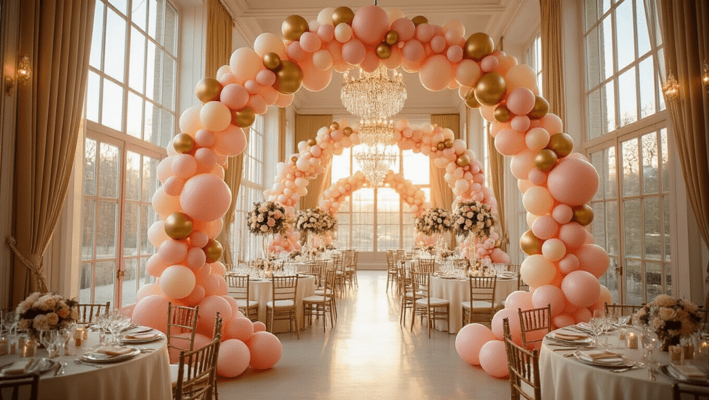 How Balloon Decorations Turned Me Into a Party Hero (And How They'll Do the Same for You) Cinematic wide-angle shot of an elegant ballroom decorated with blush pink, cream, and gold balloon arches, layered centerpieces on round tables with silk ivory linens, and intricately draped balloon garlands, all illuminated by warm golden hour light.