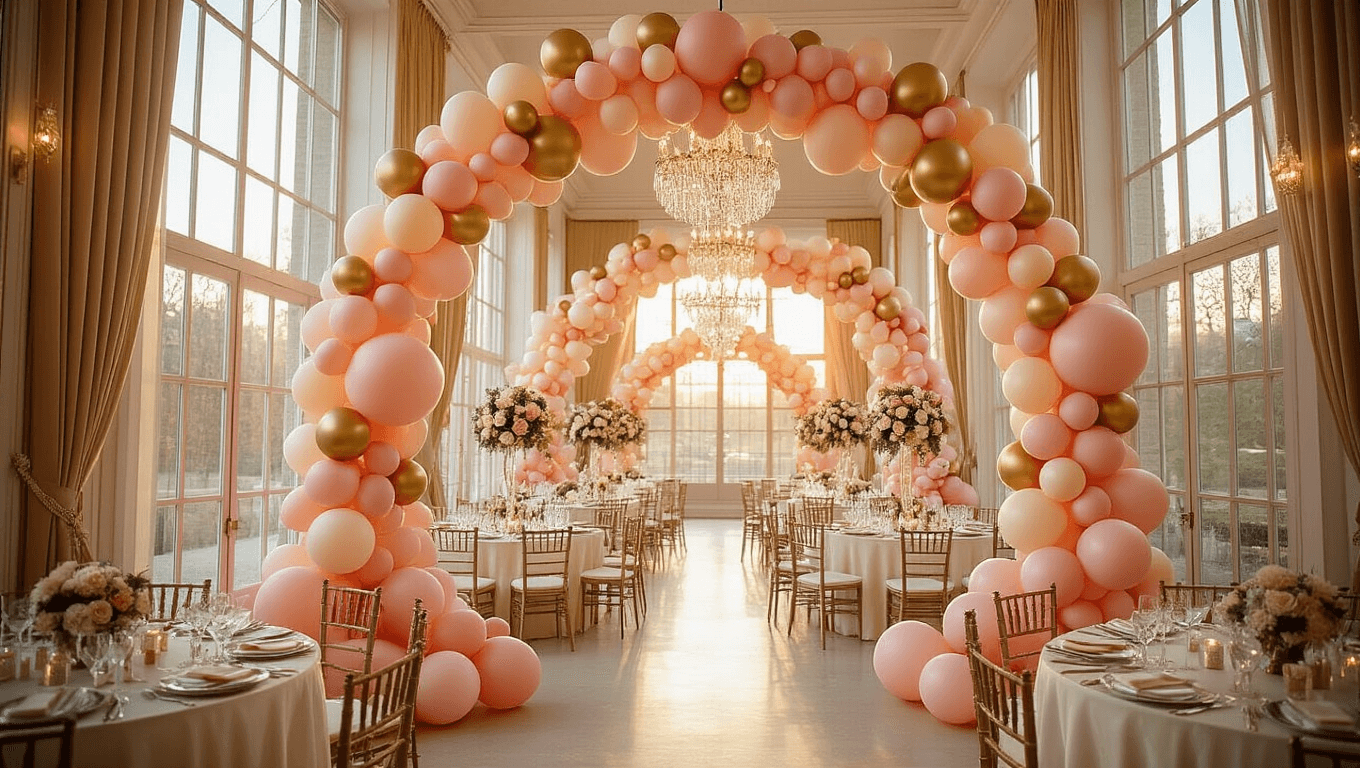 Cinematic wide-angle shot of an elegant ballroom decorated with blush pink, cream, and gold balloon arches, layered centerpieces on round tables with silk ivory linens, and intricately draped balloon garlands, all illuminated by warm golden hour light.