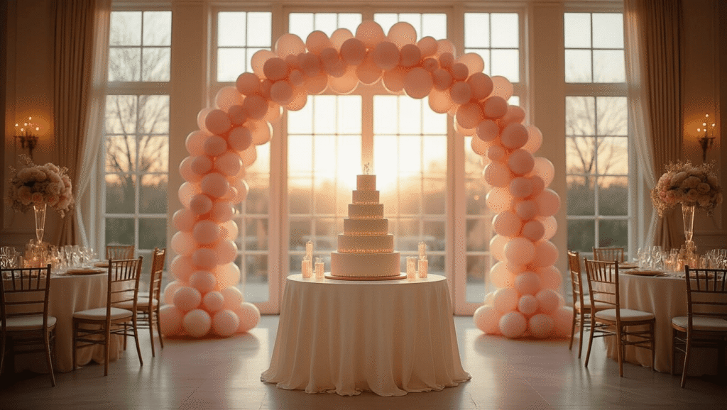 Elegant ballroom adorned with blush pink and cream balloon arch and garlands, warm golden hour light streaming through tall windows, showcasing sophisticated party ambiance with a three-tier birthday cake centerpiece and rich textures.