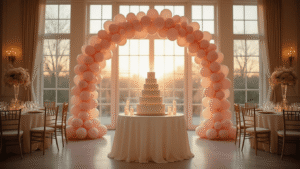 Elegant ballroom adorned with blush pink and cream balloon arch and garlands, warm golden hour light streaming through tall windows, showcasing sophisticated party ambiance with a three-tier birthday cake centerpiece and rich textures.