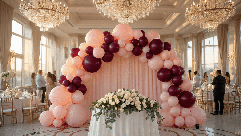 Cinematic wide-angle view of an elegant ballroom with a blush pink to burgundy ombre balloon arch backdrop, adorned tables with white roses, and warm sunlight highlighting the decor.