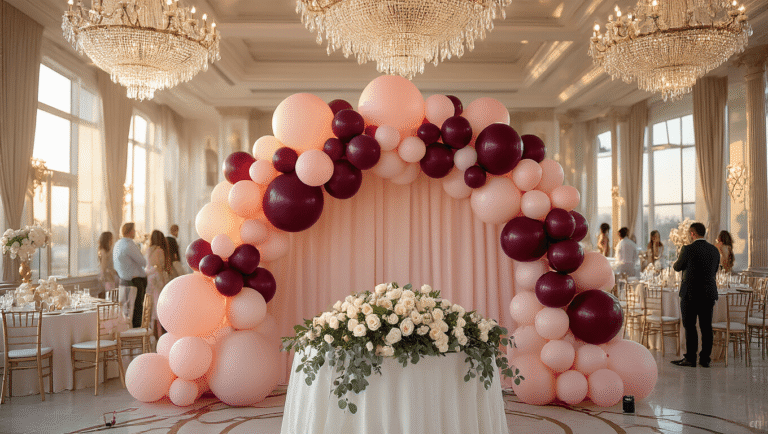 Cinematic wide-angle view of an elegant ballroom with a blush pink to burgundy ombre balloon arch backdrop, adorned tables with white roses, and warm sunlight highlighting the decor.