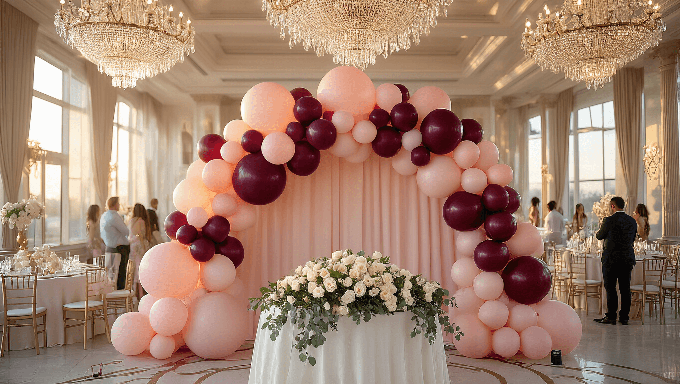 Cinematic wide-angle view of an elegant ballroom with a blush pink to burgundy ombre balloon arch backdrop, adorned tables with white roses, and warm sunlight highlighting the decor.
