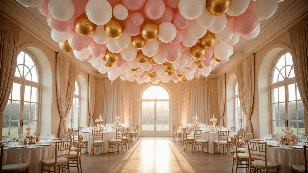 Elegant ballroom with a balloon ceiling installation featuring blush pink, white, and gold balloons under warm golden hour light, round tables with ivory silk linens, and soft candlelight.