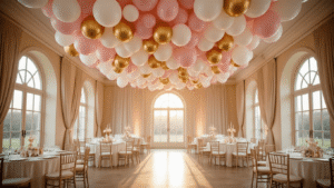 Elegant ballroom with a balloon ceiling installation featuring blush pink, white, and gold balloons under warm golden hour light, round tables with ivory silk linens, and soft candlelight.