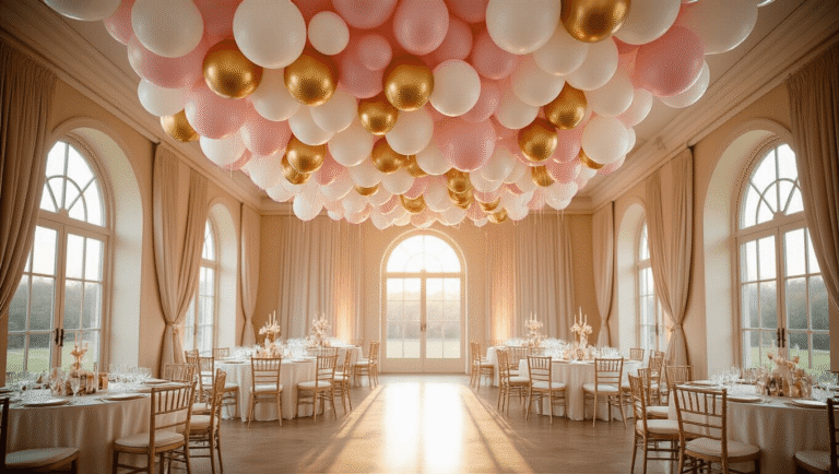 Elegant ballroom with a balloon ceiling installation featuring blush pink, white, and gold balloons under warm golden hour light, round tables with ivory silk linens, and soft candlelight.