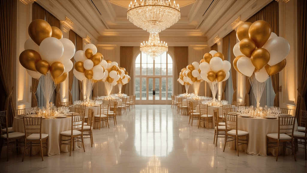 Luxurious ballroom decorated with gold and ivory mylar balloons, elegant silk table linens, towering centerpieces, crystal chandeliers, polished marble floors, and warm ambient lighting, creating a romantic atmosphere for a high-end wedding celebration.