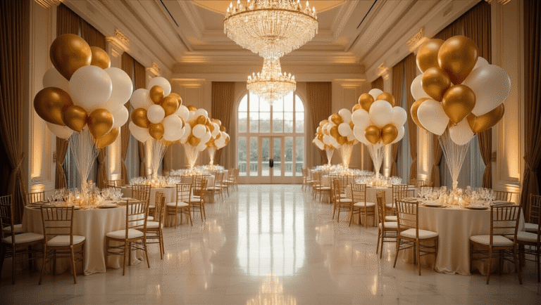 Luxurious ballroom decorated with gold and ivory mylar balloons, elegant silk table linens, towering centerpieces, crystal chandeliers, polished marble floors, and warm ambient lighting, creating a romantic atmosphere for a high-end wedding celebration.
