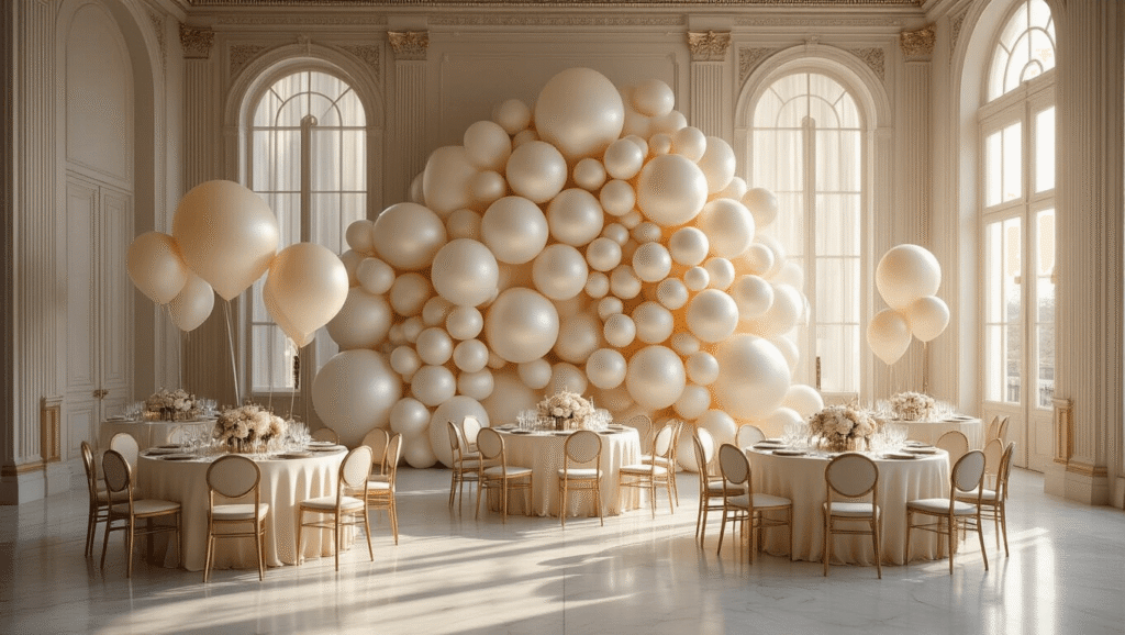 Cinematic wide shot of an elegant ballroom featuring a luxurious monochromatic balloon installation in cream and champagne tones, with golden hour light filtering through tall windows, illuminating marble floors and adorned round tables set with silk linens and low floral centerpieces.