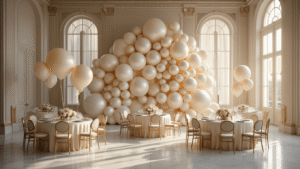 Cinematic wide shot of an elegant ballroom featuring a luxurious monochromatic balloon installation in cream and champagne tones, with golden hour light filtering through tall windows, illuminating marble floors and adorned round tables set with silk linens and low floral centerpieces.