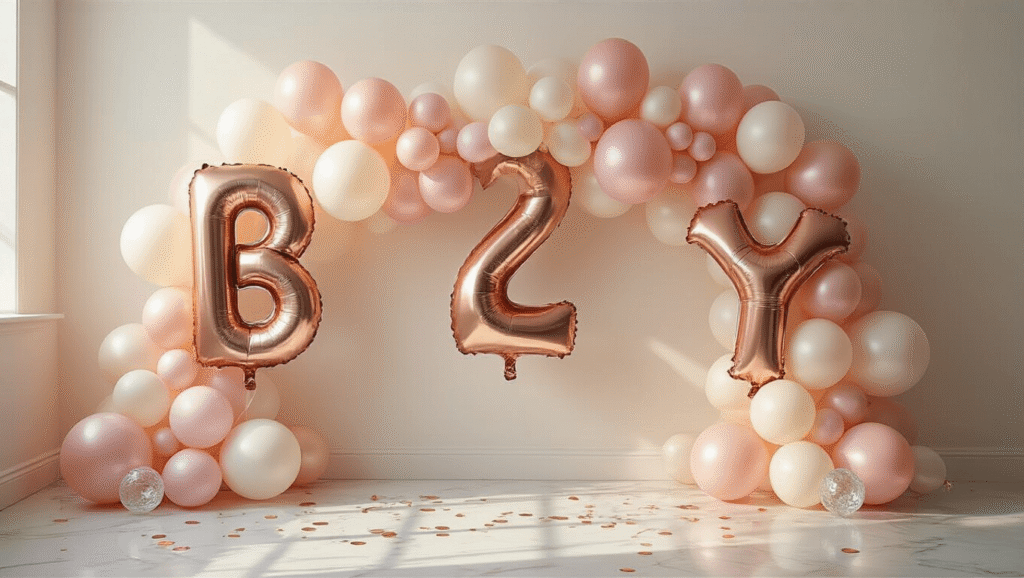 Elegant birthday balloon arrangement on a white marble surface, featuring rose gold foil number balloons, blush pink and ivory latex balloons, silk ribbons, crystal weights, and warm golden hour lighting with scattered confetti.