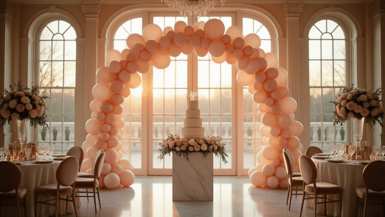 Elegant birthday ballroom decorated with cascading blush pink and ivory balloon arch, warm golden hour lighting, silk table linens, balloon garland centerpieces, and crystal votives. Features champagne velvet chairs, confetti-filled balloons, a tiered cake display, and eucalyptus with white rose accents, creating a luxurious and inviting atmosphere.