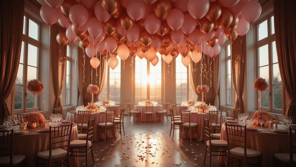 Cinematic wide shot of an elegant birthday ballroom adorned with rose gold and blush pink helium balloons, silk-draped tables glowing with golden candlelight, and shimmering balloon textures, creating an intimate and luxurious party atmosphere illuminated by soft golden hour light.