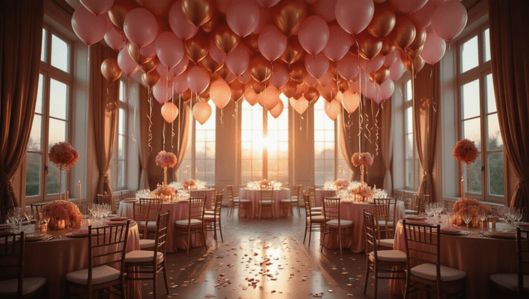 Cinematic wide shot of an elegant birthday ballroom adorned with rose gold and blush pink helium balloons, silk-draped tables glowing with golden candlelight, and shimmering balloon textures, creating an intimate and luxurious party atmosphere illuminated by soft golden hour light.