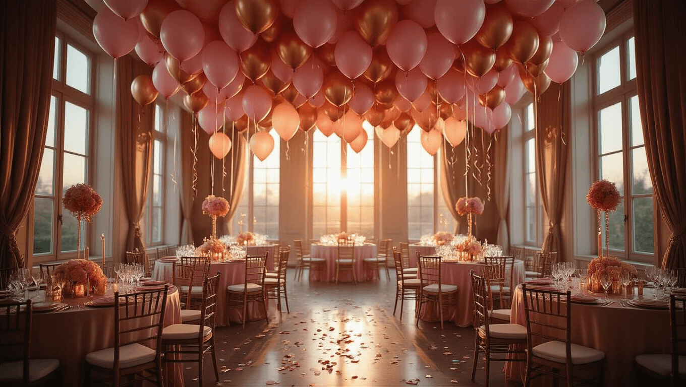 Cinematic wide shot of an elegant birthday ballroom adorned with rose gold and blush pink helium balloons, silk-draped tables glowing with golden candlelight, and shimmering balloon textures, creating an intimate and luxurious party atmosphere illuminated by soft golden hour light.