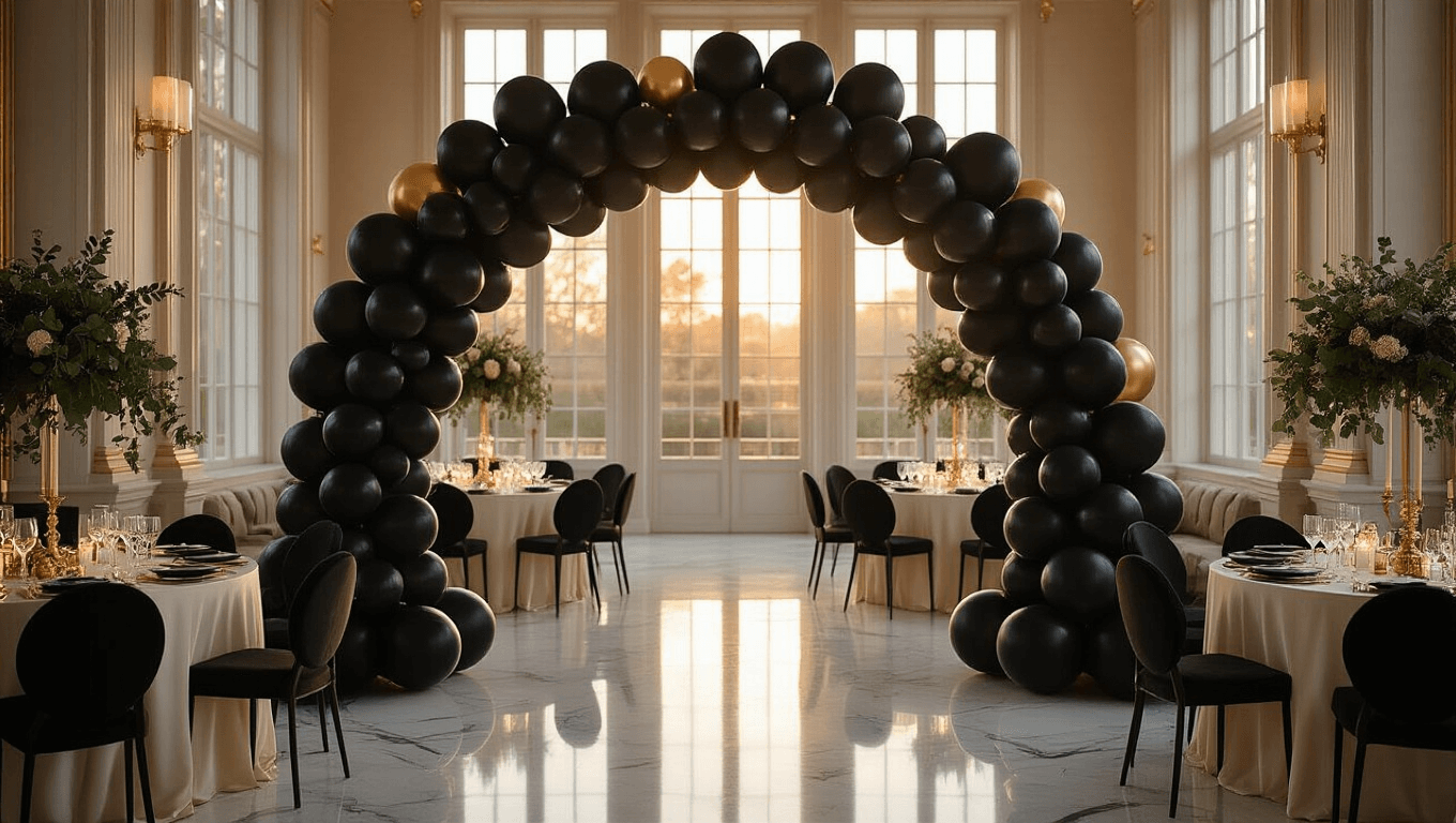 Cinematic view of an elegant ballroom at golden hour, showcasing a sophisticated black matte balloon garland arch with gold accents, ivory round tables with low black balloon centerpieces, flickering champagne candles, and warm ambient lighting, complemented by eucalyptus greenery and crystalline glassware on reflective marble floors.