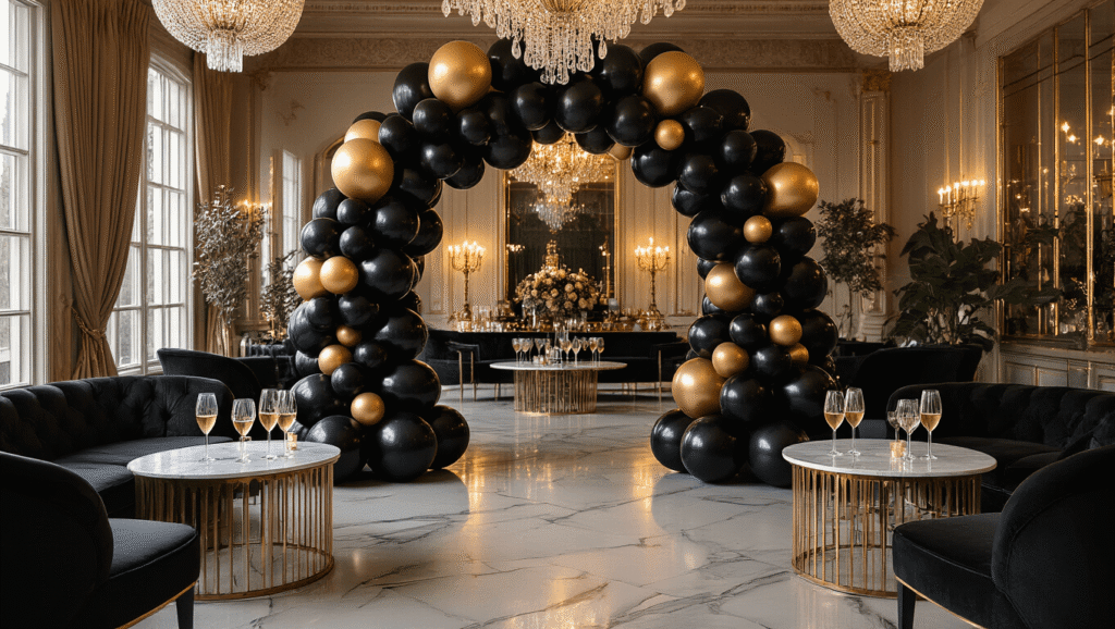 Cinematic wide shot of an upscale event space featuring a black balloon arch with gold accents, soft ambient lighting, marble cocktail tables with champagne glasses, and luxurious velvet seating, creating an elegant and inviting atmosphere.