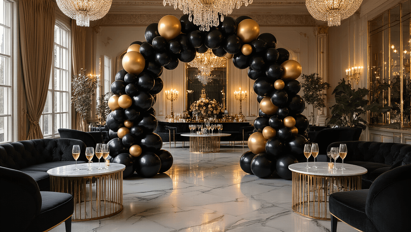 Cinematic wide shot of an upscale event space featuring a black balloon arch with gold accents, soft ambient lighting, marble cocktail tables with champagne glasses, and luxurious velvet seating, creating an elegant and inviting atmosphere.