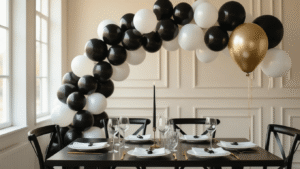 Cinematic wide-angle view of an elegant black and white balloon party setup, featuring a matte black and glossy white balloon arch over a modern dining table, illuminated by golden hour light, with crystal glassware on white linens against a dark wood table, floating helium balloons with silk ribbons, and warm string lights creating a luxurious atmosphere.