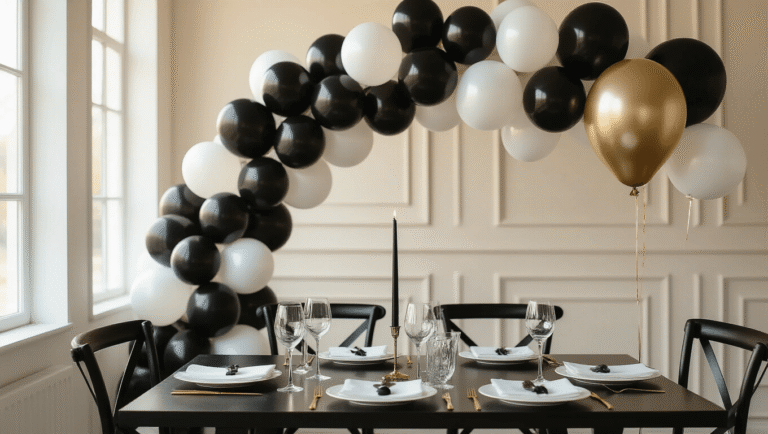 Cinematic wide-angle view of an elegant black and white balloon party setup, featuring a matte black and glossy white balloon arch over a modern dining table, illuminated by golden hour light, with crystal glassware on white linens against a dark wood table, floating helium balloons with silk ribbons, and warm string lights creating a luxurious atmosphere.