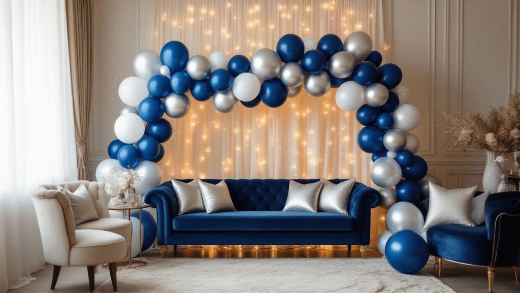 Elegant living room decorated with navy blue, silver, and white balloon garland, warm golden hour light streaming through sheer curtains, and cozy decor featuring plush velvet seating, silk table runners, and fairy lights.